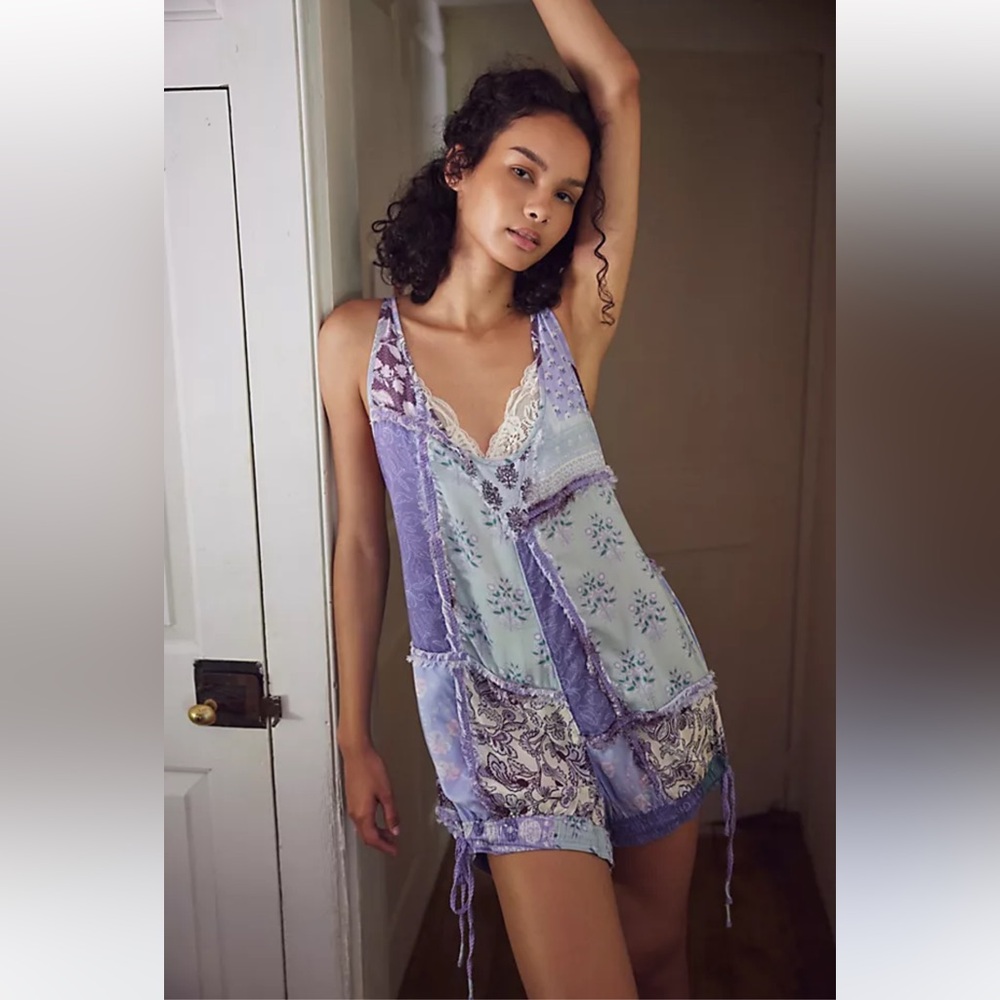 Free People Fun and Games Purple and Blue Floral Onesie